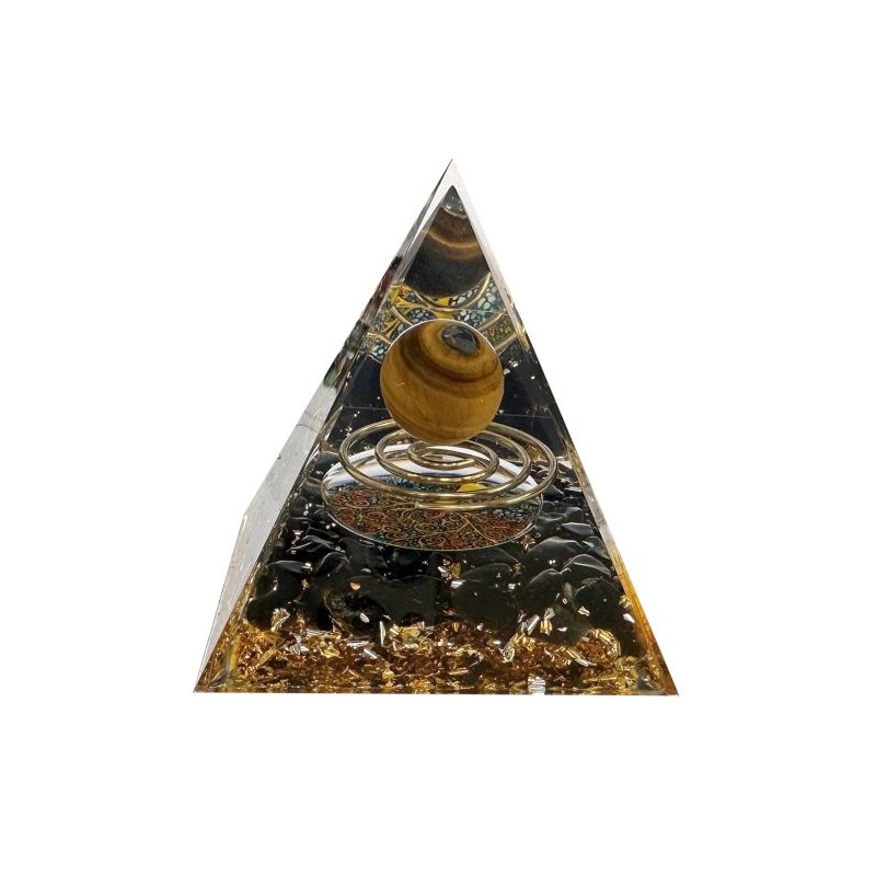 Pyramide Orgonite Oeil de Tigre, Obsidienne Arbre de Vie & Spirale