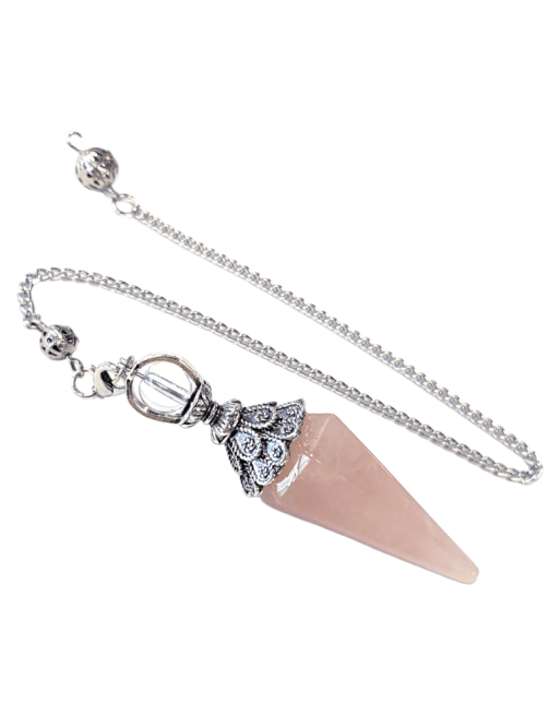 Pendel aus Rosenquarz und Metall, 6 Seiten